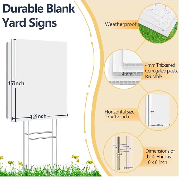 10 Pack 17 x 12 Vertical White Blank Yard Signs with Stakes, Weatherproof Corrugated Plastic Board Sign, Blank Lawn Signs for Outside Rent, Sale, DIY, Party, Event, Advertising, Garden, Guidepost Decorations