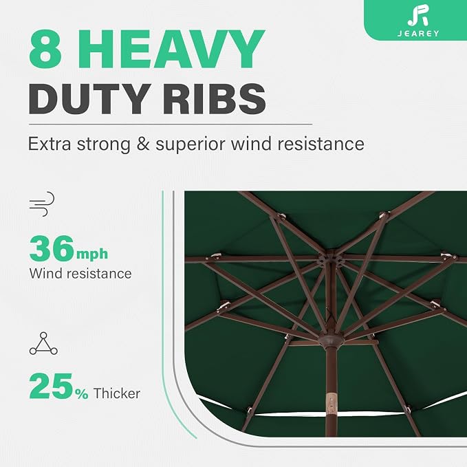 JEAREY 3 Tiers 9 FT Patio Umbrellas Outdoor Table Umbrella with Push Button Market Umbrella 8 Sturdy Ribs UV Protection Waterproof for Garden,Dark Green