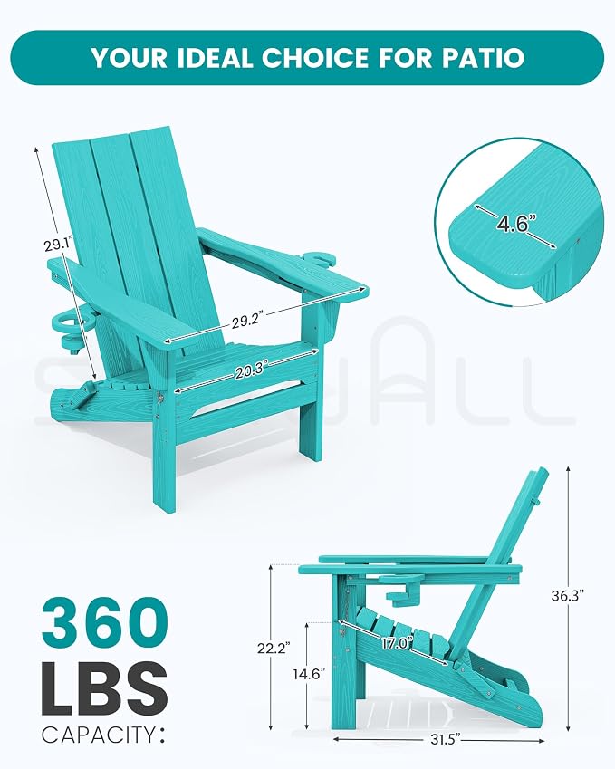 SERWALL Modern Adirondack Chair Set of 2, Folding Adirondack Chair with Cup Holders, Outdoor HDPE Adirondack Chair, Teal