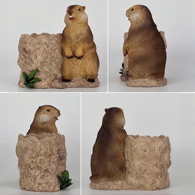 Groundhog Resin Figurine Planter, Animal Figurine Pen Holder, Decorative Indoor Outdoor Flower Pot, Nature Theme Garden Decor, Statue Sculpture (Brown)