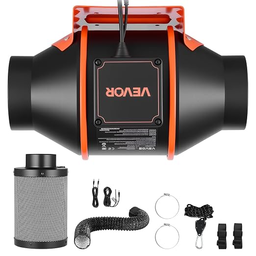 VEVOR Inline Duct Fan Kit Carbon Filter, 205 CFM 4 inch EC Motor Exhaust Ventilation Fan with 10-Speed, PWM Controller, App Control, Timer, Cooling System for Grow Tent, Indoor Gardening, Hydroponics
