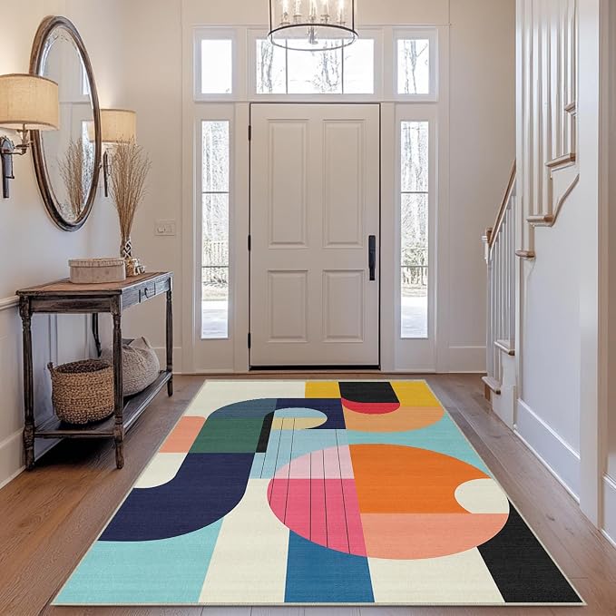 4x6 Area Rug Colorful Boho Geometric Carpet Modern Abstract Rug for Living Room Bedroom Machine Washable Non-Slip Rug for Dining Room Bedside Office