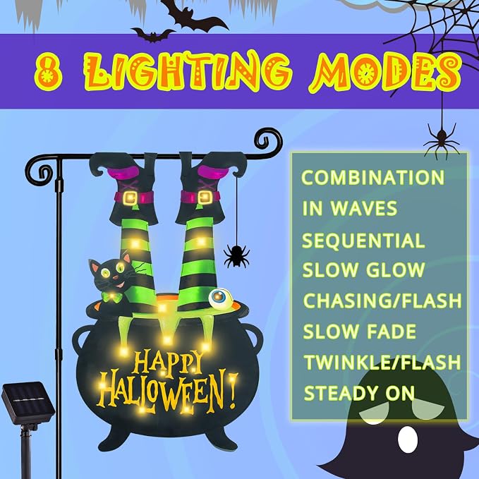 Halloween Lighted Garden Flag for Outside, Led Solar Yard Flag 8 Modes Witch Feet Shape Flag, 28x40 Double Sided Cauldron Eyeball Black Cat Decorations for Home Porch