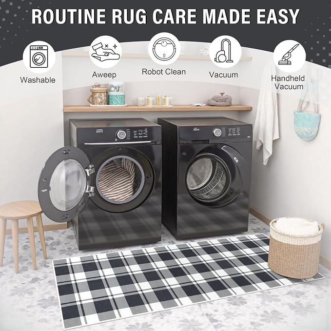2x6 Checkered Jute Runner Rug for Kitchen Indoor Floor Area Carpet | Washable Jute Area Rug With Non-Slip Backing, Low-Pile Texture, Farmhouse Geometric Pattern In Neutral White/Black, Durable