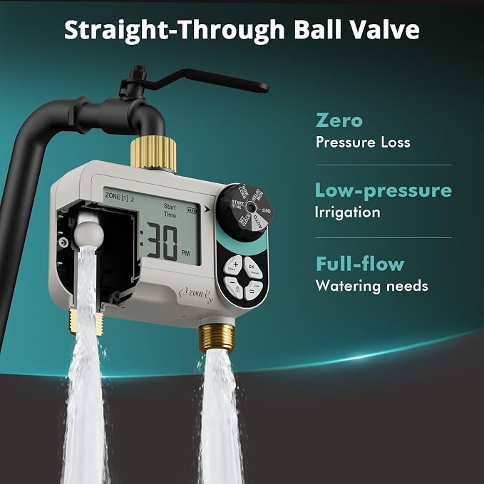 QUOBAS Zero Pressure Sprinkler Timer with Child Lock, Programmable Water Timer for Garden Hose Faucet with Brass Ports, Rain Delay/Manual/Auto Irrigation System, 2 Zone Watering for Rain Barrel