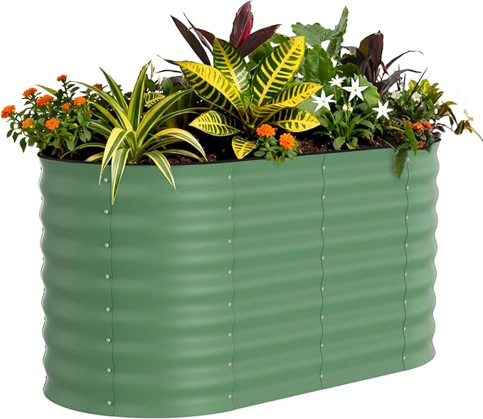 Garvee 4x2x2ft Galvanized Raised Garden Bed, Oval Metal Planter Box with Anti-Cut Safety Edges, 119 Gallons Rust-Resistant Deep Root Planter for Outdoor Vegetables, Flowers, Herbs, Green