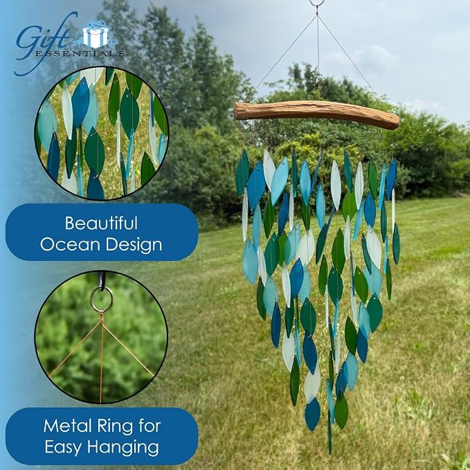 Blue Handworks Ocean Deluxe Waterfall Glass Wind Chime | Handcrafted Deluxe Waterfall Glass Wind Chime in Royal Blue, Sky Blue, Teal and Frosted White