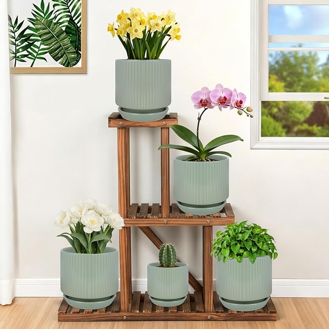 Ceramic-Flower-Pots-Sets-with-Saucer, 5/6/8 inch Small Planters for Indoor Plants with Drainage Hole, White Vertical Stripe Plant Pots for Home Decor, Outdoor Garden Pot For Succulent Cactus Herb
