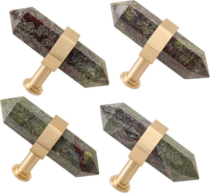 mookaitedecor Set of 2 Dragon Blood Jasper Double Crystal Points Drawer Knobs with Screws, Decorative Stone Cabinet Handle Pulls for Dresser Cupboard Kitchen Decor, Brushed Brass