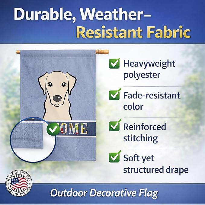 Caroline's Treasures BB1408CHF Yellow Labrador Welcome House Flag, Blue Large Porch Sleeve Pole Decorative Outside Yard Banner Artwork Wall Hanging, Polyester, House Size, Multicolor