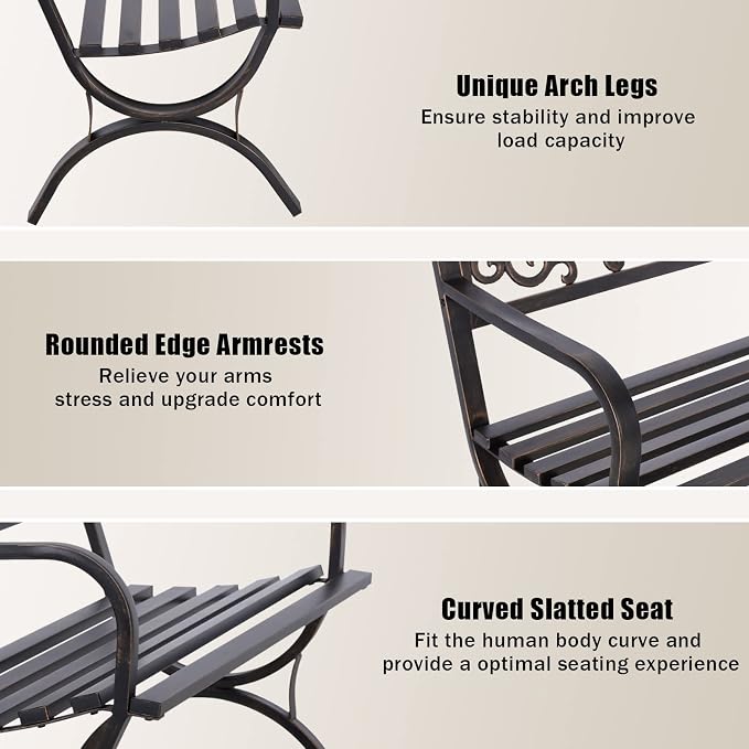 MFSTUDIO 50 Inches Outdoor Garden Bench, Cast Iron Metal Frame Patio Park Bench with Floral Pattern Backrest, Arch Legs for Porch, Lawn, Yard-Bronze