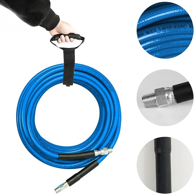 Xiny Tool Sewer Jetter Kit for Pressure Washer 100FT, 4000 PSI Drain Cleaner Hose 1/4 Inch NPT, Corner Rotating and Button Hose Sewer Jetting Nozzle Pearl Corsage Pin Tape Handle Strap Spanner, Blue