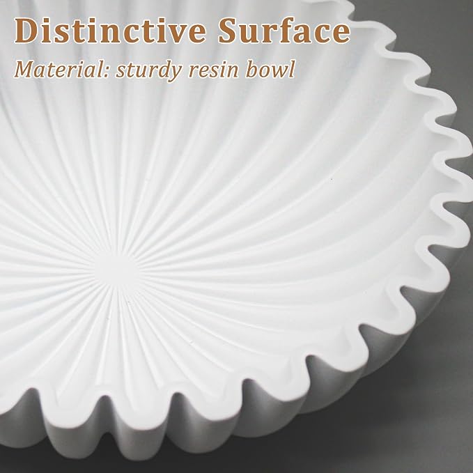 LIN CHUAN Ruffle Decorative Bowl, Large Fruit Bowl for Kitchen Counter, Stylish Key Bowl for Entry Table, Handcrafted Home Decor Display bowl, White