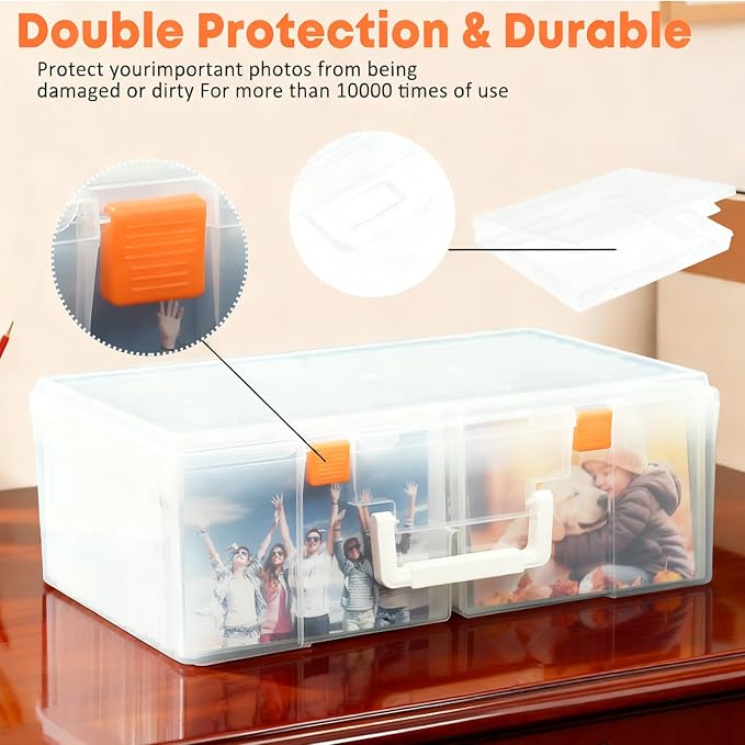 NINU Photo Storage Box with Handle, 5" x 7" Photo Organizer Storage Container with 18 Inner Case and 1 Sheet Blank Labels for Pictures, Arts, Crafts, Sewing, Seeds, Office Supplies (Clear)