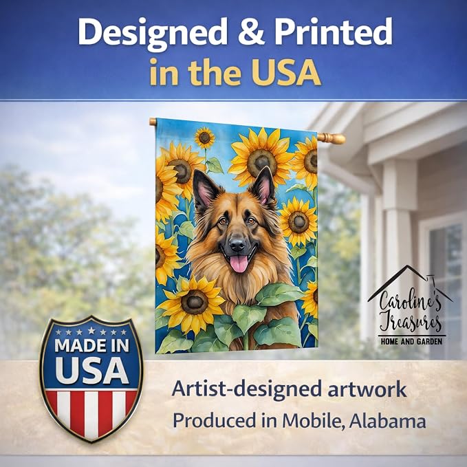 Caroline's Treasures DAC6024CHF Belgian Tervuren in Sunflowers House Flag Large Porch Sleeve Pole Decorative Outside Yard Banner Artwork Wall Hanging, Polyester, House Size, Multicolor