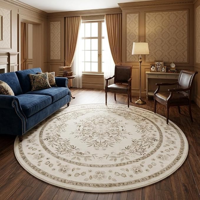 GarveeHome 5ft Floral Round Rug for Nursery Vintage Floral Throw Rugs | Leaf Flower Botanical Bedroom Carpet for Living Room Low Pile Non-Slip Machine Washable Beige Area Rug for Laundry Dining