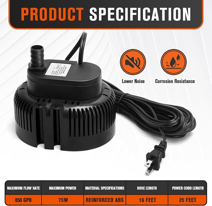 Sump Pump,Pool Cover Pump above Ground | For Swimming Pool Basement Garden Pond Tubs Draining,75W,Max Flow:850GPH,3 Adapters,25 Ft Power Cord (Black)