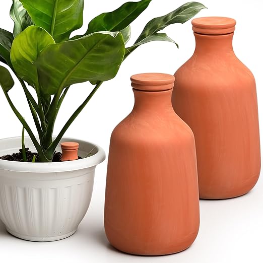 DoubleFill 2 Pcs 50oz Ollas Terracotta Watering Pots Self Watering Planter Insert Terracotta Globes Clay for Outdoor Indoor Garden Plants, Easy to Refill
