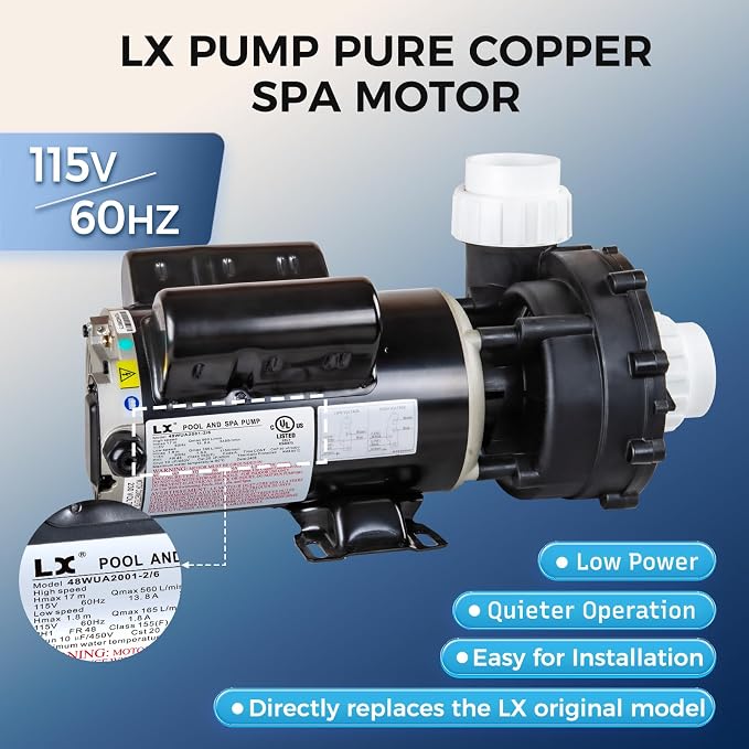 Hot Tub SPA Pump 2HP, 115V, 48 Frmae LX SPA Pump Motor, Energy Efficiency, Low Noise (Model: 48WUA2001-2/6)