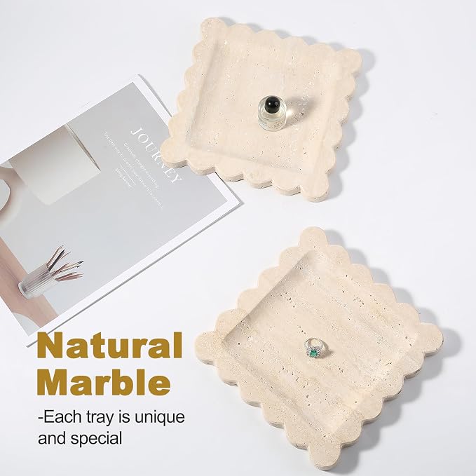 Travertine Decorative Tray, 7.8in Marble Scallop Edge Tray, Square Bathroom Trays for Jewelry Perfume, Vanity, Coffee Table, Beige Stone Trinket Dish for Woman, Dresser Décor Gift