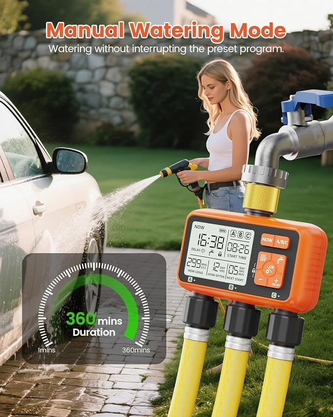 Sprinkler Timer 3 Zone with Brass Inlet Water Timer for Garden Hose Programmable Hose Faucet Controller with Independent Zone Control Custom Rain Delay Manual&Auto Watering Child Lock for Yard Lawn