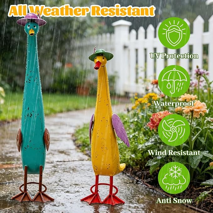 22" Duck Garden Statue Set of 2 Metal Ducks, Duck Outdoor Decor Animal Yard Art Sculptures for Patio Porch Lawn Backyard