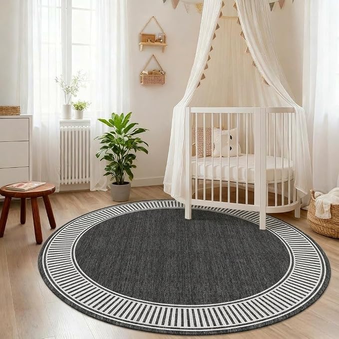 GarveeHome Small Round Rug 4ft Washable Modern Solid Bedroom Rugs | Non Slip Low Pile Black Circle Rugs Dining Room Round Throw Carpet for Living Room Nursery, Black