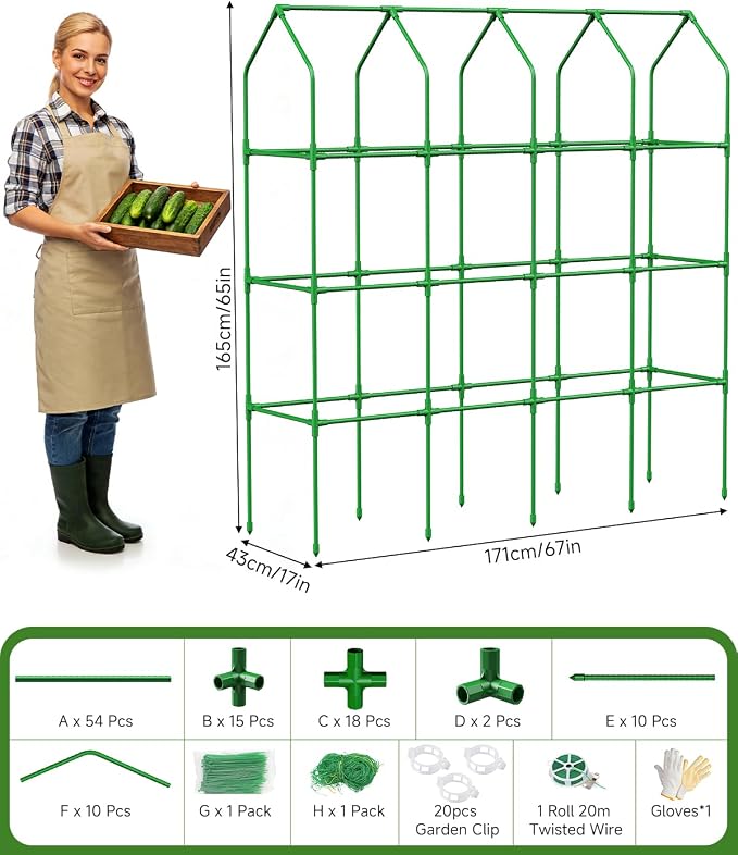 Cucumber Trellis for Climbing Plants Outdoor, A-Shape Garden Trellis for Raised Bed, Metal Plant Trellis with Garden Netting for Flower Vegetables, Pea, Grape ((67 * 17 * 65inch(L*W*H), Trellis)