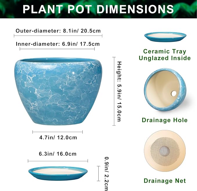 8 Inch Ceramic Planters, Bubble Blue | Drainage Hole and Saucer, Indoor Outdoor, Round Flower Pot, Decorative
