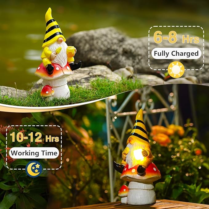 Solar Gnome on Mushroom Decor for Yard Decorations | 10 Inch Gnome Statue Decor for Outdoor,Perfect Garden Gifts for Women,Mom