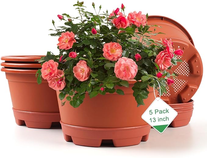 KPUVX Outdoor Flower Pots 5 Packs 13 inch pots for Plants Modern Decorative Garden Pot with Saucer, Lightweight Large Plastic Planters for Indoor Plants,Decorative Plastic Plant Pots