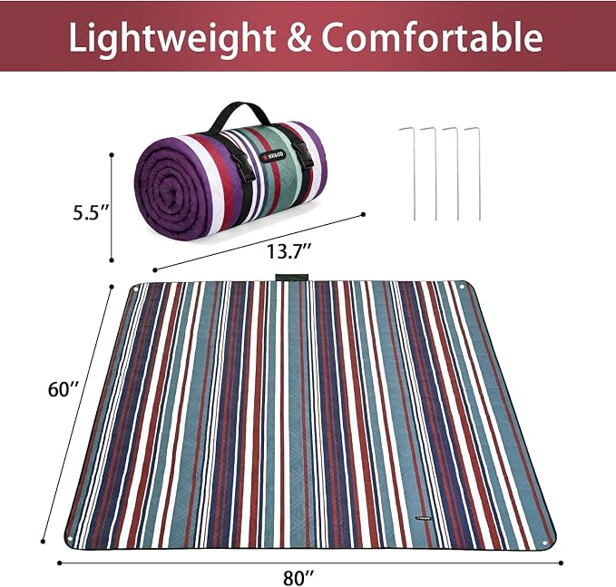 HX&OD Outdoor Picnic Blanket Extra Large, 80''*60'' Waterproof Picnic Mat with Stakes Foldable Camping Blanket Portable with Carry Strap for Beach Mat (Green& White, 80''*60'')