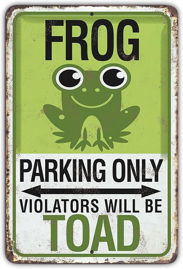 Metal Sign - Frog Parking - Durable Metal Sign - Use Indoor/Outdoor - Funny Pun Garage Decor and Housewarming Gift Under $20 (8" x 12")