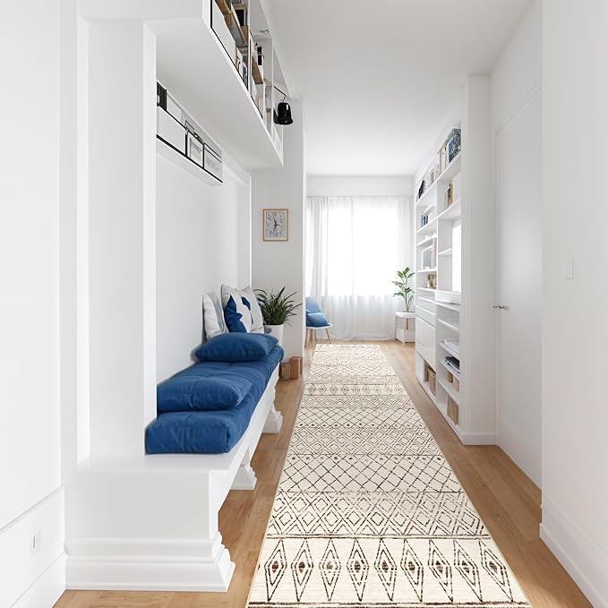 2'6"x12' Hallway Runner Rug Moroccan: Machine Washable Runner Rugs Beige | Low Pile Geometric Rug with Rubber Backing Soft Long Floor Mat Non Slip Vintage Indoor Carpet for Bedroom Entryway