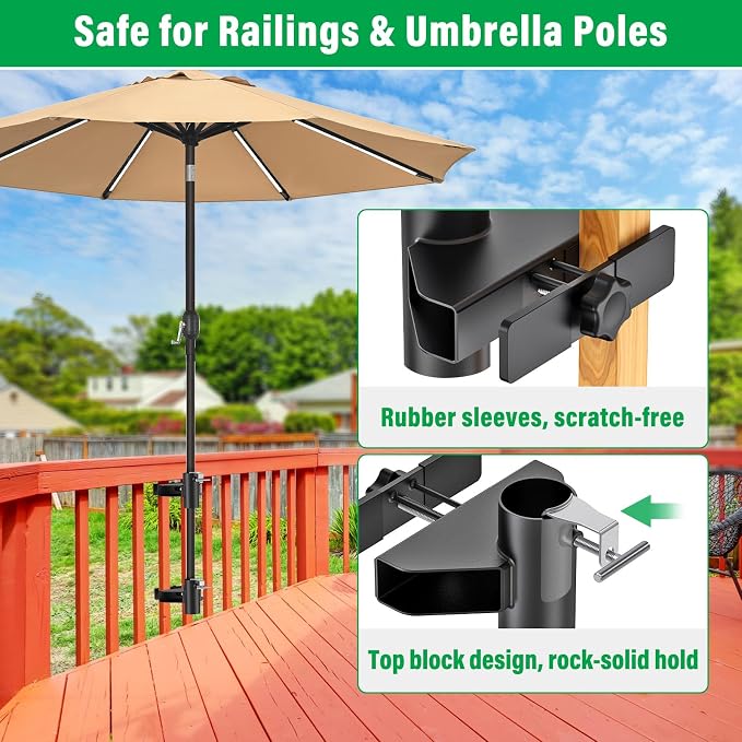Heavy Duty Deck Railing Umbrella Holder, Adjustable Patio Umbrella Stand for 1-2 Inch Poles, Secure & Sturdy Railing Mount with Locking Pin, Maximizes Deck Space
