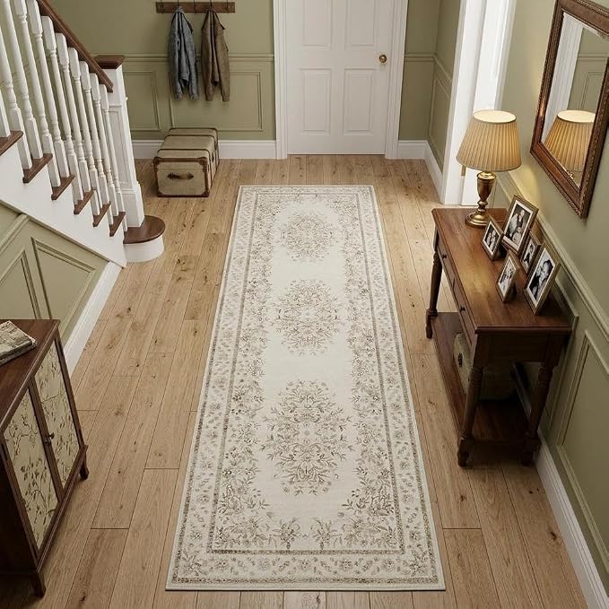 GarveeHome 2x6 Runner Rug for Hallway Vintage Distressed Floral Throw Rug | Machine Washable Leaf and Flower Long Carpets for Laundry Room Non-Slip Low Pile Beige Runners Soft Area Rug for Bedroom
