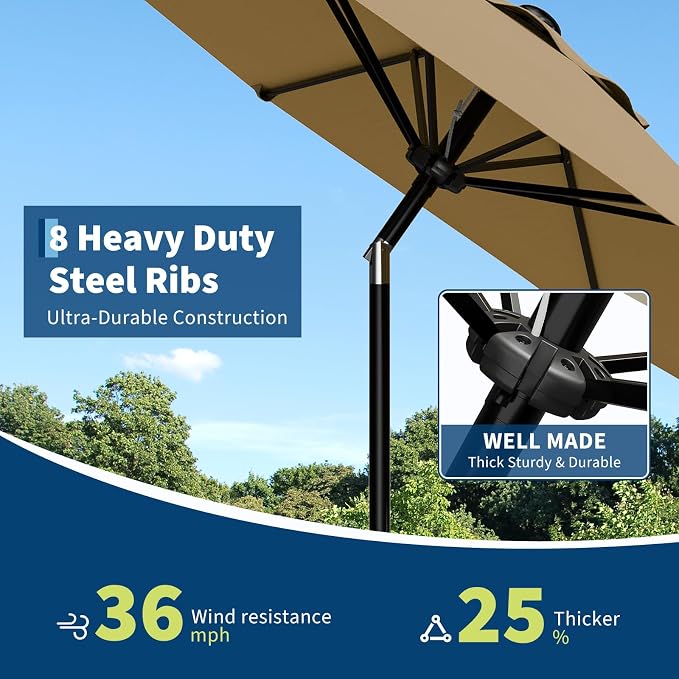 Garvee 9FT Patio Umbrella - Outdoor Table Umbrella with Smooth Crank Lift, Push Button Tilt and 8 Sturdy Ribs - Market Umbrella UV Protection Waterproof for Pool, Deck, Yard, Garden