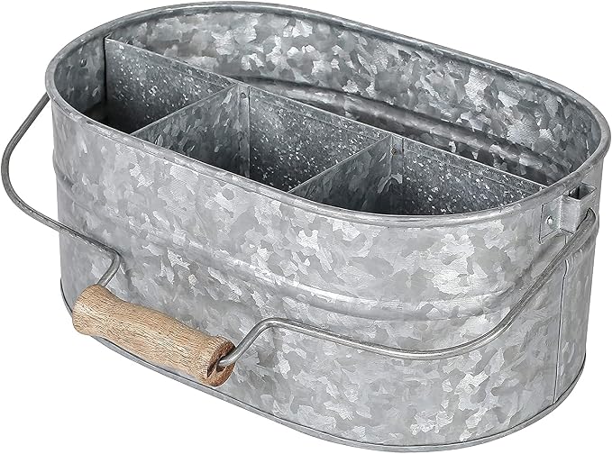 Light & Pro Multipurpose Galvanized Rustic Farmhouse Caddy - Metal 4 Compartment Storage Bin Caddy With Wooden Handle Perfect For Kitchen Utensils, Picnic, Garden Planter - Hammered - Antique Grey