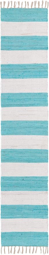 Unique Loom Chindi Rag Collection Area Rug - Striped (2' 2" x 10' Runner, Turquoise and Ivory)