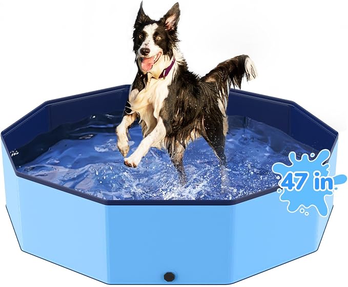 47'' Foldable Dog Pet Bath Pool, Heavy Duty Non-Slip Kiddie Pool, Plastic Pet Wading Pool for Puppy Small Medium Large Dogs, Indoor and Outdoor Kids Pet Dog Bathtub