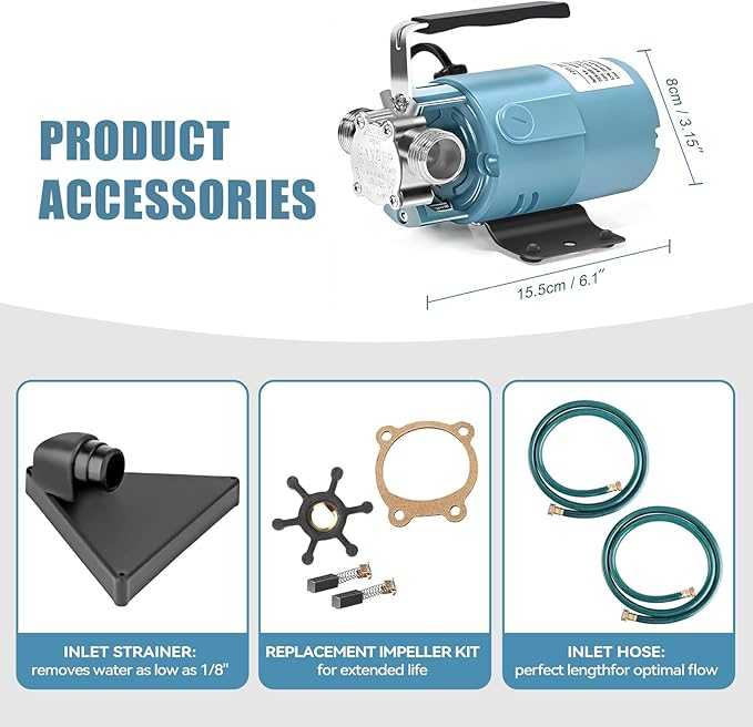 Water Transfer Pump, 115V 1/10HP Electric Utility Pump with On/Off Switch 2*6 ft Water Hoses Kit for Removing Water from Garden Pool Aquariums Hot Tub Draining 1/8’’ Low Suction for Rain Barrel (Blue)