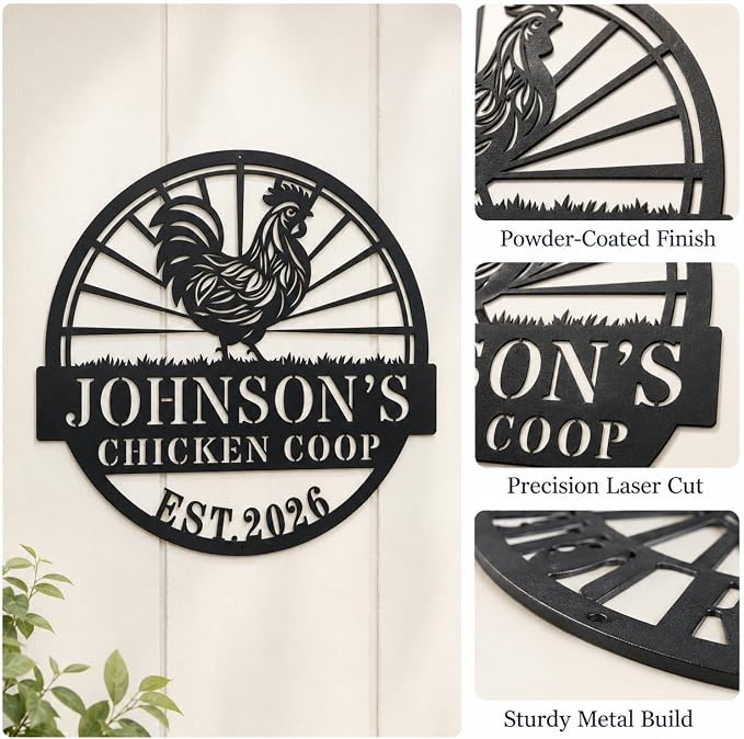 Personalized Chicken Coop Metal Sign Custom Farmhouse Name Plaque with Rooster Sunburst, Outdoor Hen House Wall Decor for Backyard Farmers and Chicken Lovers