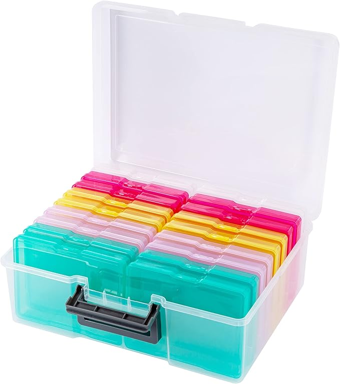 Photo Storage Box 5" x 7", 18 Inner Extra Large Photo Organizer Container, Plastic Craft Storage Box with Handle for Pictures Stickers Stamps Seeds
