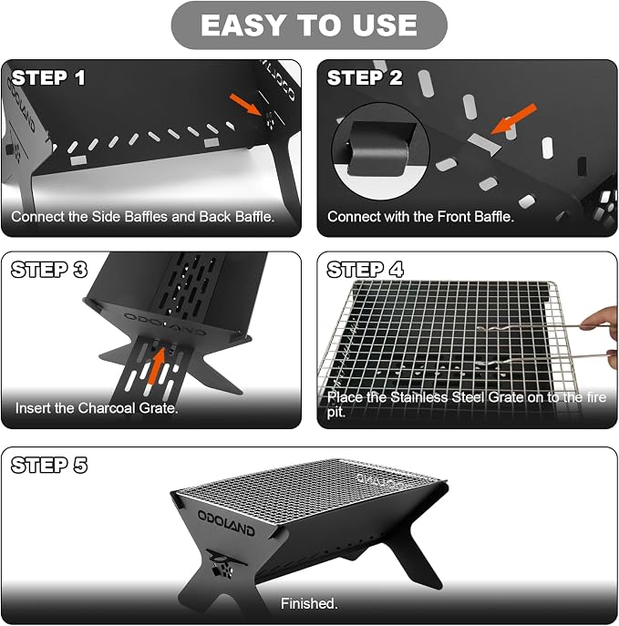 Odoland Camping Campfire Grill, Portable Folding Charcoal Grills, Backpacking BBQ Grill, Heavy Duty Firepit Grill with Carry Bag for Outdoor Cooking, Bonfire, Patio, Backyard