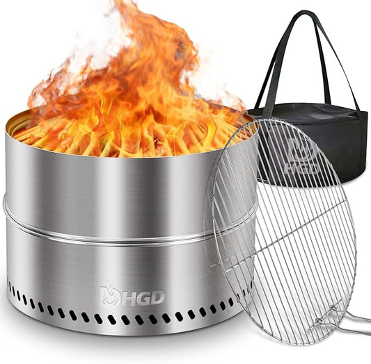 HGD 19.5 Inch Smokeless Firepit with Grill, Portable Wood Burning Fire Pit for Camping & Backyard, Stainless Steel Outdoor Fireplace with Travel Bag, Easy Setup & Compact Storage - Foldable Design