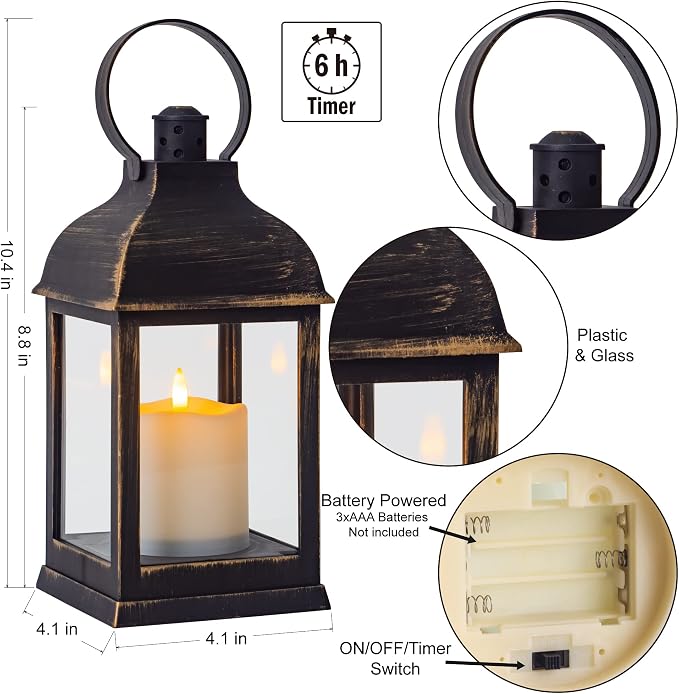 Vintage Lantern Decorative LED Flickering Flameless Candle with Timer, Battery Powered LED Decorative Hanging Golden Brushed Black Lanterns for Indoor Outdoor Garden Yard Home Decor(2 Pack)