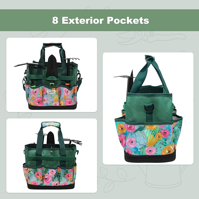 JLDTOP Garden Tool Bag with Hard Bottom, Multi-Pockets Gardening Tote with Shoulder Strap, for Women Outdoor Yard Plant Work Gift (Tools Not Included) (Green Floral)