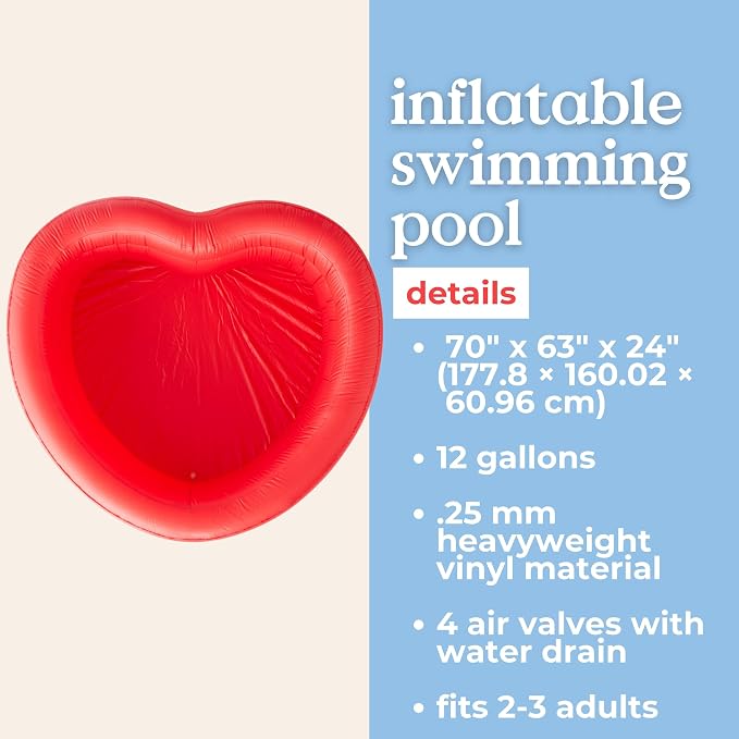 Ban.do Novelty Shaped Inflatable Swimming Pool, Red Heart | Large 70" x 63" x 24" Blow Up with 4 Air Valves and Drainage Hole, Cute Shape Pool Fits 2-3 Adults