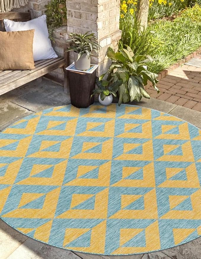Unique Loom Unique Loom Outdoor Collection Area Rug - Napa (3' 3' Round, Yellow and Aqua/Yellow)