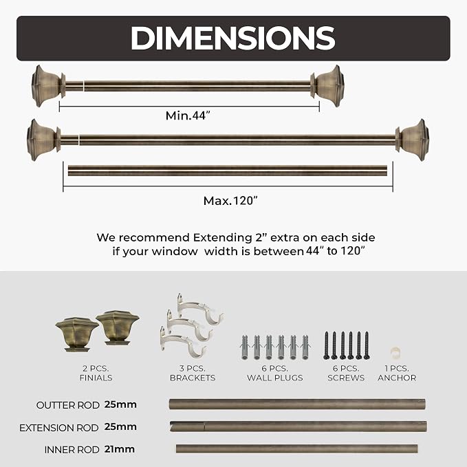 Deco Window Curtain Rods for Windows 44 – 120 Inch, 1 Inch Heavy Duty Extendable Metal Drapery Rod, Adjustable Curtain Rod with Decorative Quatro Finials for Living Room Bedroom, Antique Brass